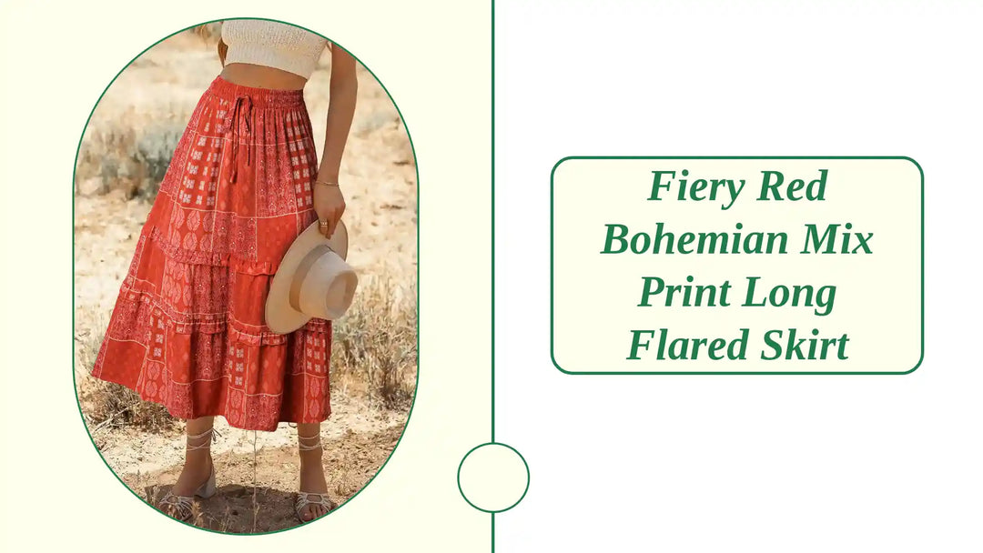 Fiery Red Bohemian Mix Print Long Flared Skirt by@Outfy