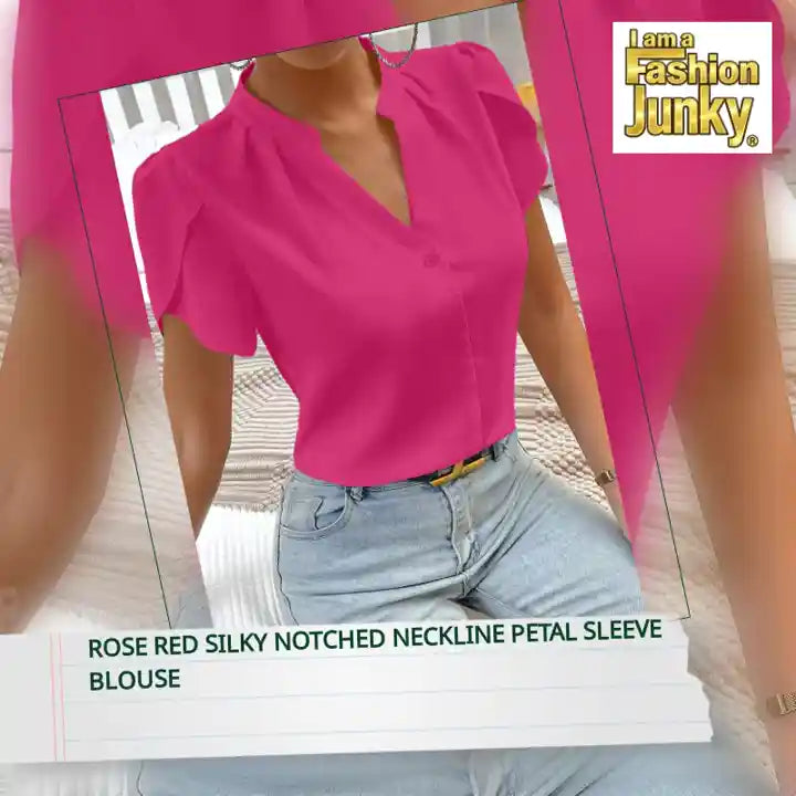 Rose Red Silky Notched Neckline Petal Sleeve Blouse by@Outfy