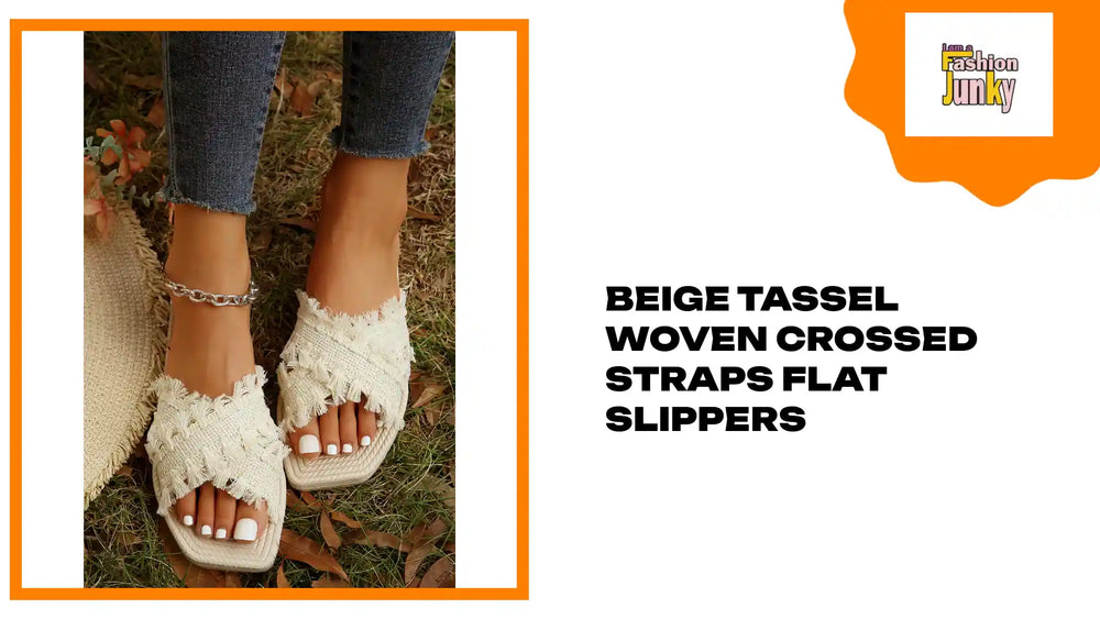 Beige Tassel Woven Crossed Straps Flat Slippers by@Outfy
