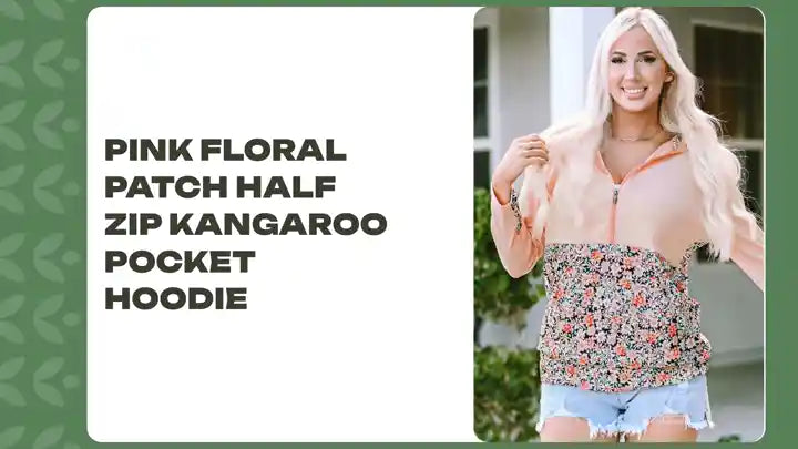 Pink Floral Patch Half Zip Kangaroo Pocket Hoodie by@Outfy