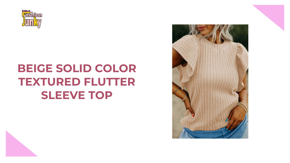 Beige Solid Color Textured Flutter Sleeve Top by@Outfy