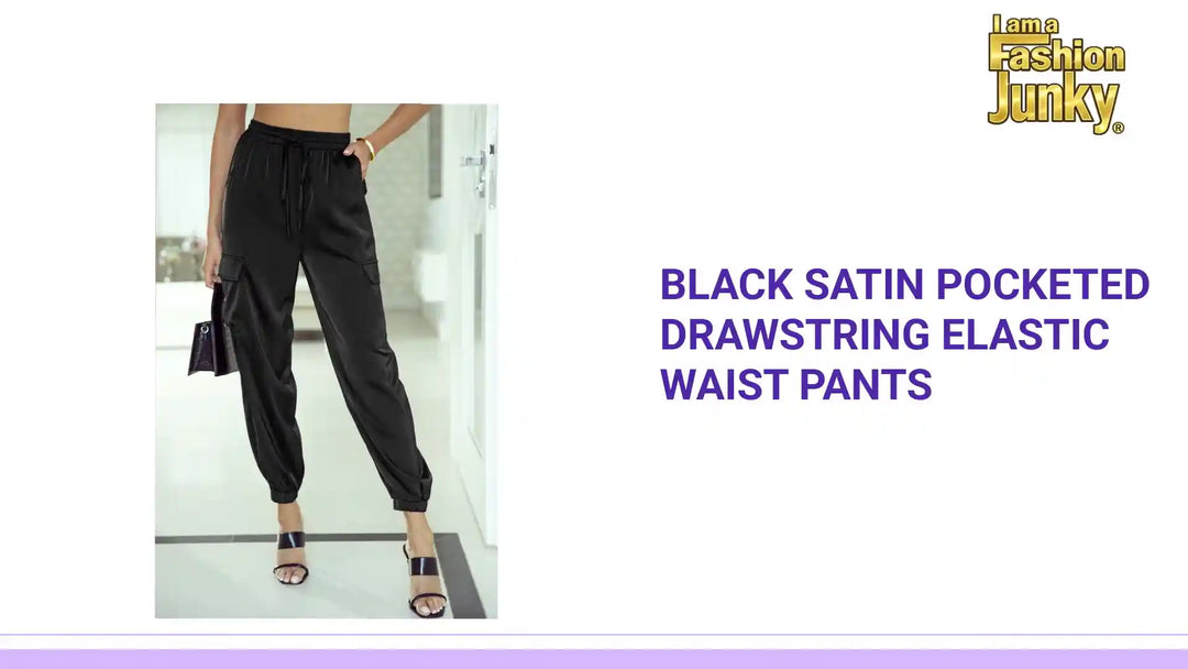 Black Satin Pocketed Drawstring Elastic Waist Pants by@Outfy