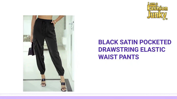 Black Satin Pocketed Drawstring Elastic Waist Pants by@Outfy