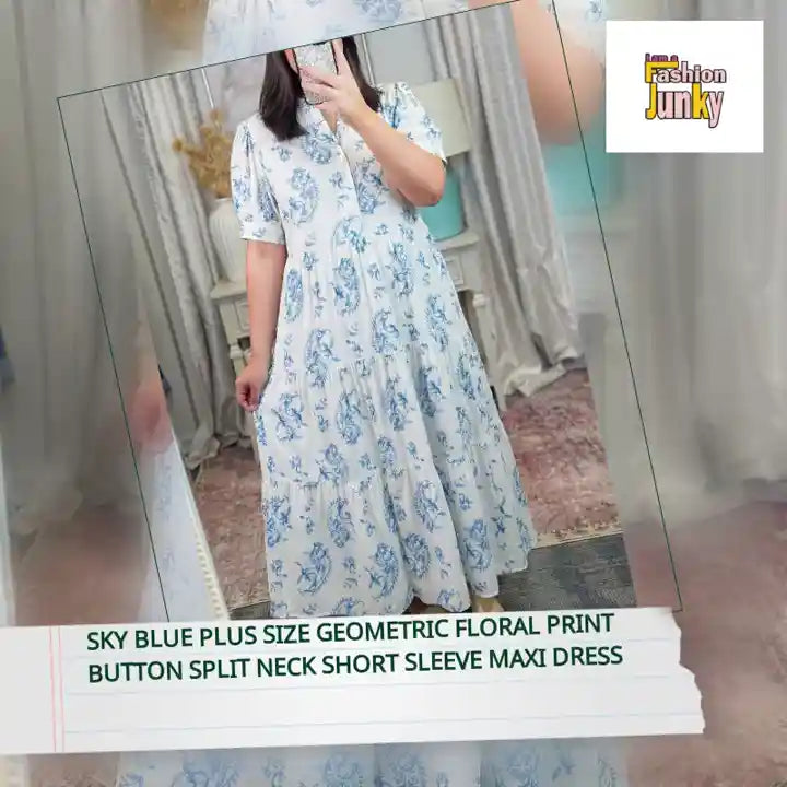 Sky Blue Plus Size Geometric Floral Print Button Split Neck Short Sleeve Maxi Dress by@Outfy