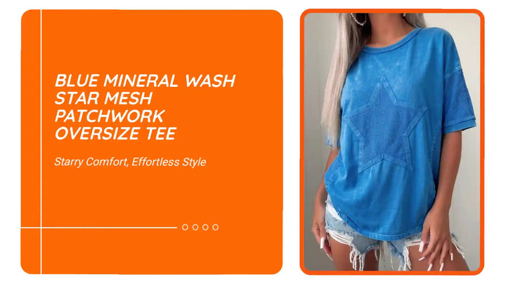 Blue Mineral Wash Star Mesh Patchwork Oversize Tee by@Outfy