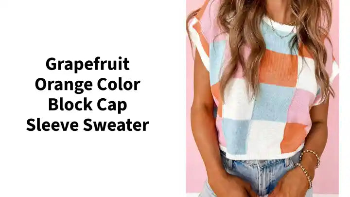 Grapefruit Orange Color Block Cap Sleeve Sweater by@Outfy