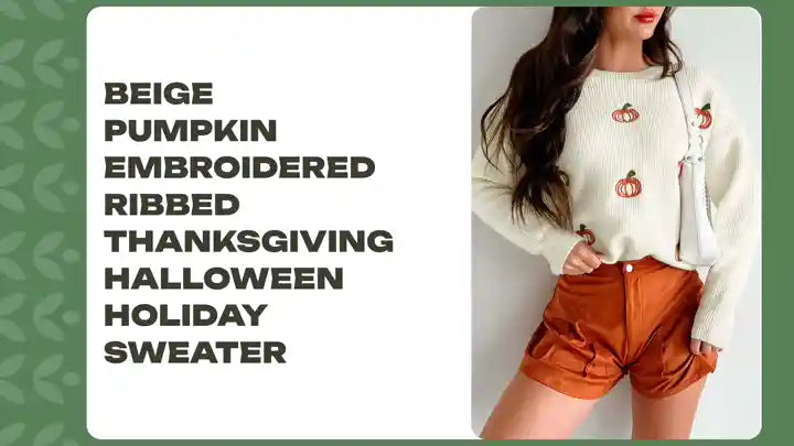 Beige Pumpkin Embroidered Ribbed Thanksgiving Halloween Holiday Sweater by@Outfy