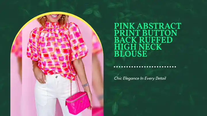 Pink Abstract Print Button Back Ruffed High Neck Blouse by@Outfy