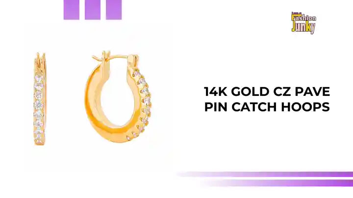 14K Gold CZ Pave Pin Catch Hoops by@Outfy
