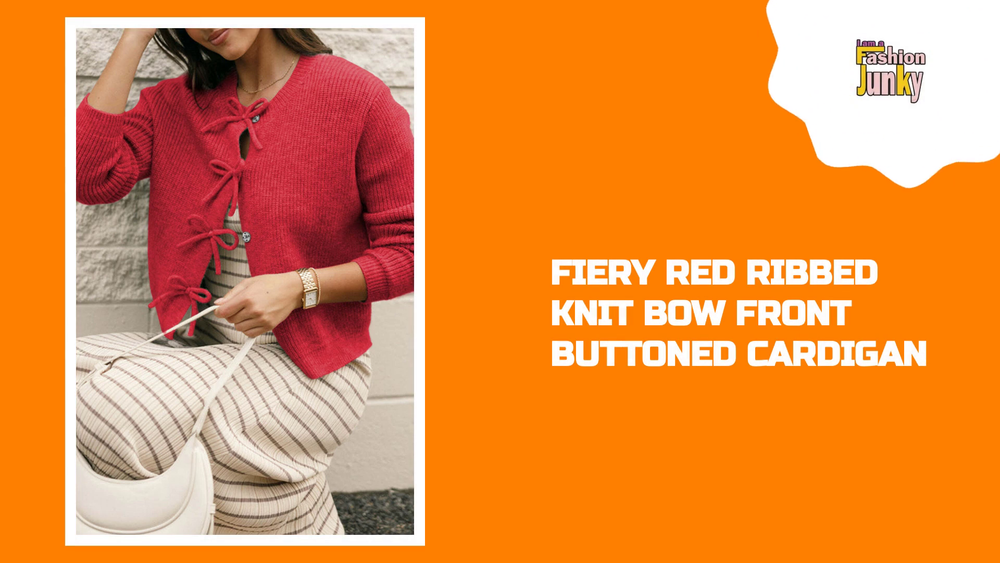 Fiery Red Ribbed Knit Bow Front Buttoned Cardigan by@Outfy