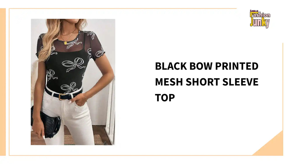 Black Bow Printed Mesh Short Sleeve Top by@Outfy
