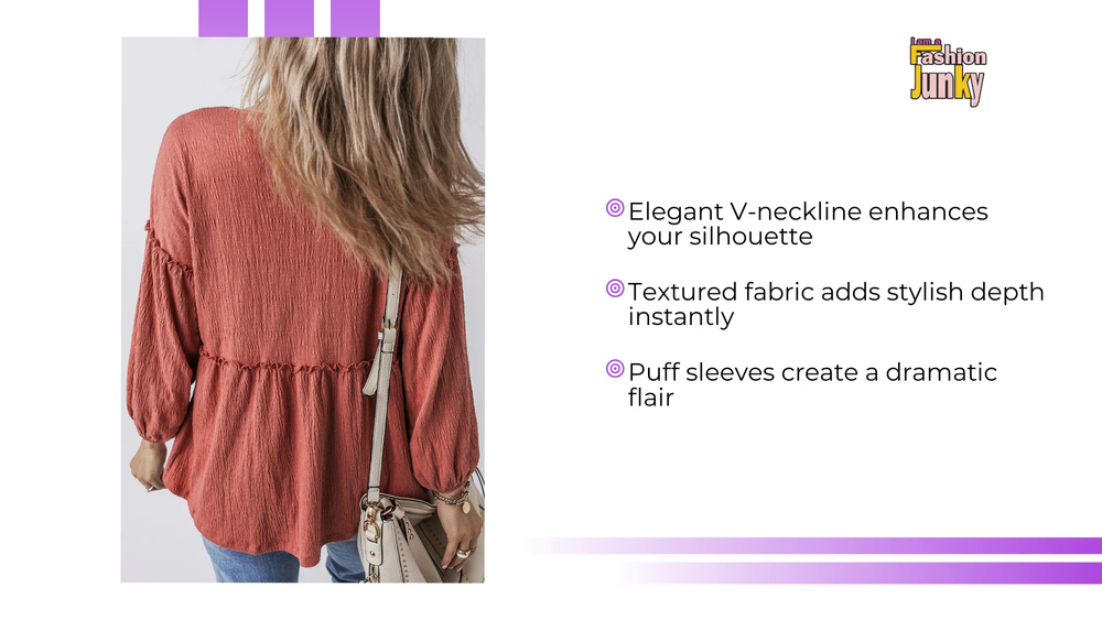 Mineral Red Solid Color Textured Frilled Trim V Neck Puff Sleeve Blouse by@Outfy