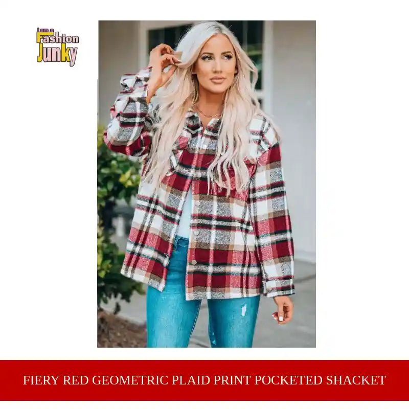 Fiery Red Geometric Plaid Print Pocketed Shacket by@Outfy