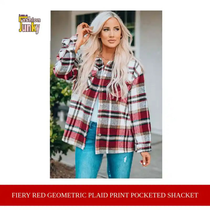 Fiery Red Geometric Plaid Print Pocketed Shacket by@Outfy