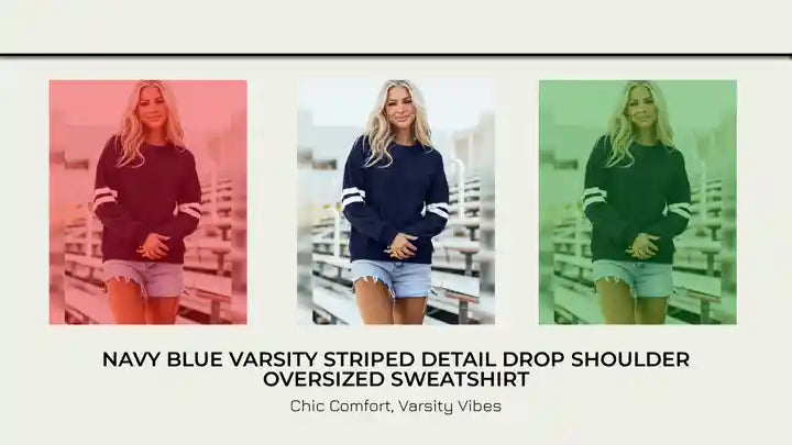 Navy Blue Varsity Striped Detail Drop Shoulder Oversized Sweatshirt by@Outfy