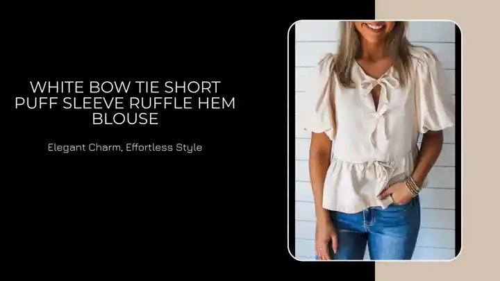 White Bow Tie Short Puff Sleeve Ruffle Hem Blouse by@Outfy