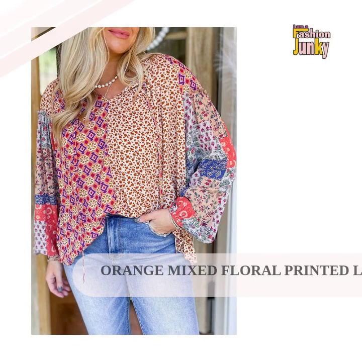 Orange Mixed Floral Printed Long Sleeve Tied V Neck Blouse by@Outfy