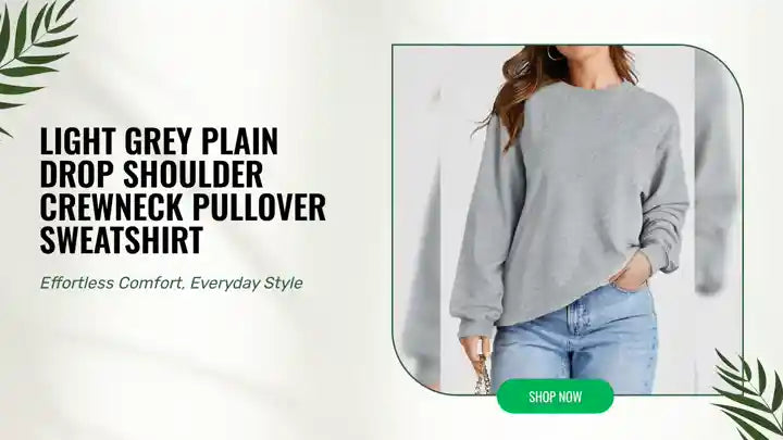 Light Grey Plain Drop Shoulder Crewneck Pullover Sweatshirt by@Outfy