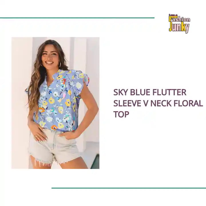Sky Blue Flutter Sleeve V Neck Floral Top by@Outfy