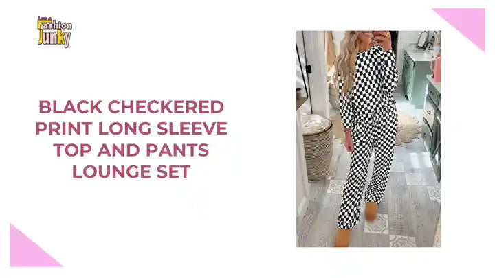 Black Checkered Print Long Sleeve Top and Pants Lounge Set by@Outfy