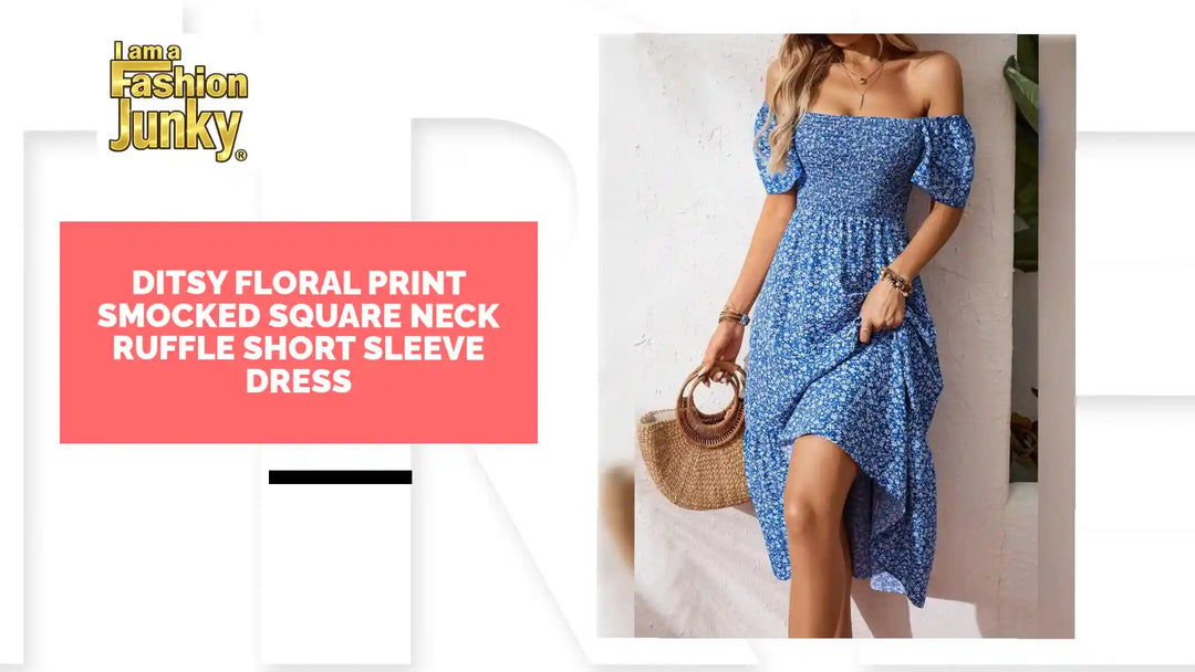 Ditsy Floral Print Smocked Square Neck Ruffle Short Sleeve Dress by@Outfy