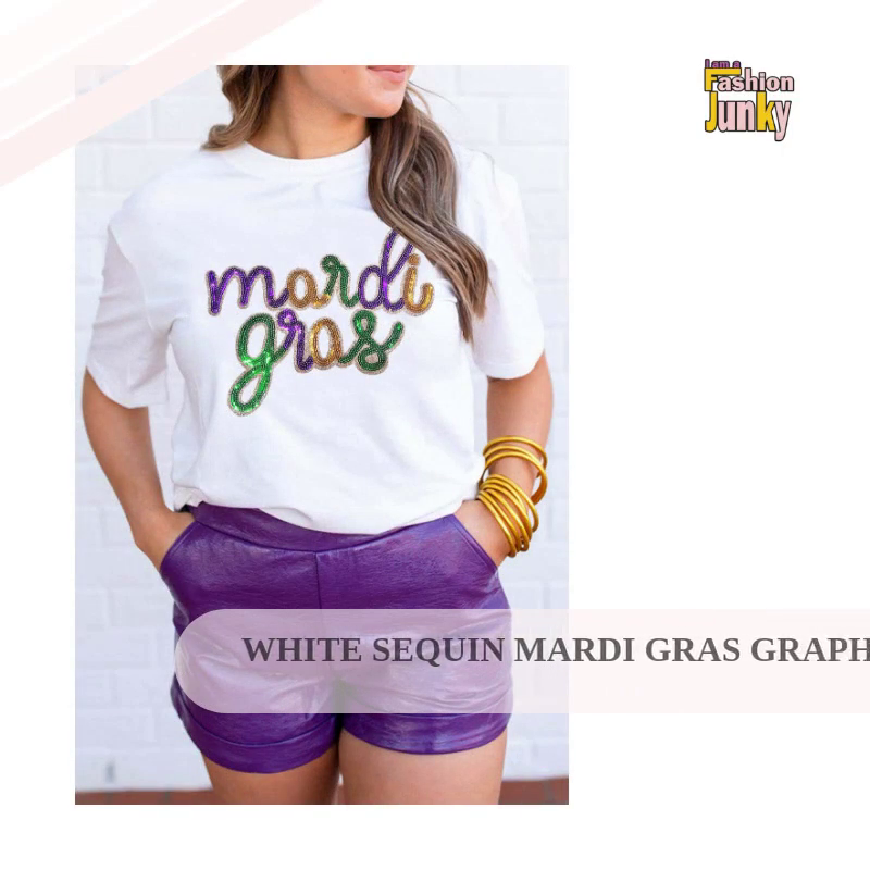 White Sequin mardi gras Graphic T Shirt by@Outfy
