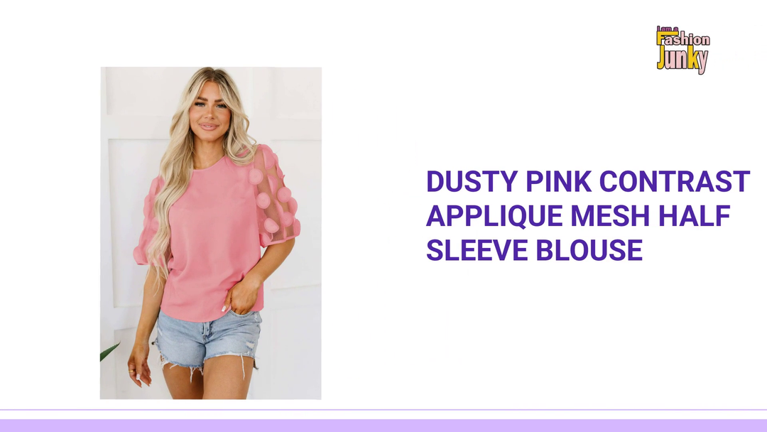 Dusty Pink Contrast Applique Mesh Half Sleeve Blouse by@Outfy