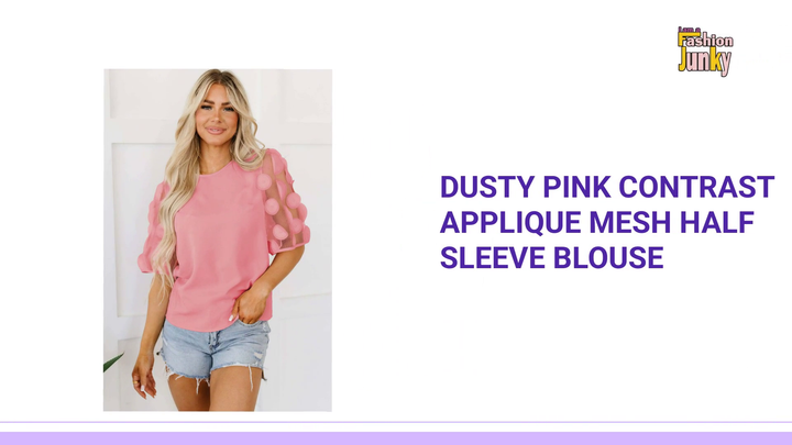 Dusty Pink Contrast Applique Mesh Half Sleeve Blouse by@Outfy