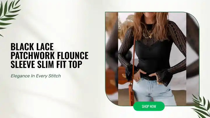 Black Lace Patchwork Flounce Sleeve Slim Fit Top by@Outfy