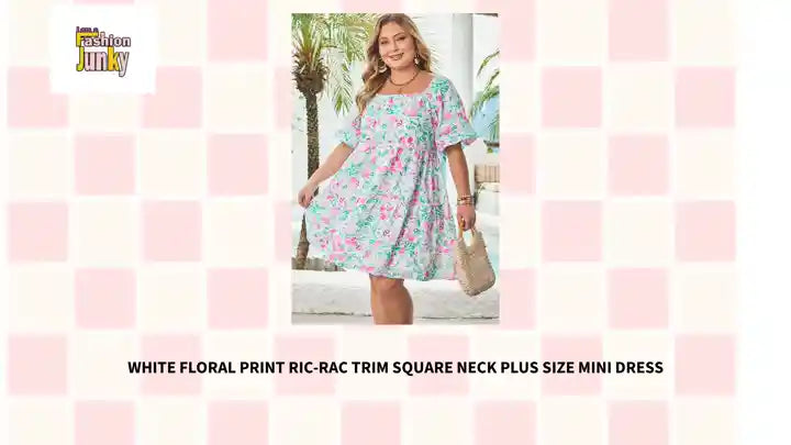 White Floral Print Ric-rac Trim Square Neck Plus Size Mini Dress by@Outfy