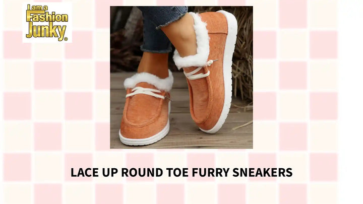 Lace Up Round Toe Furry Sneakers by@Outfy