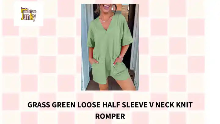 Grass Green Loose Half Sleeve V Neck Knit Romper by@Outfy