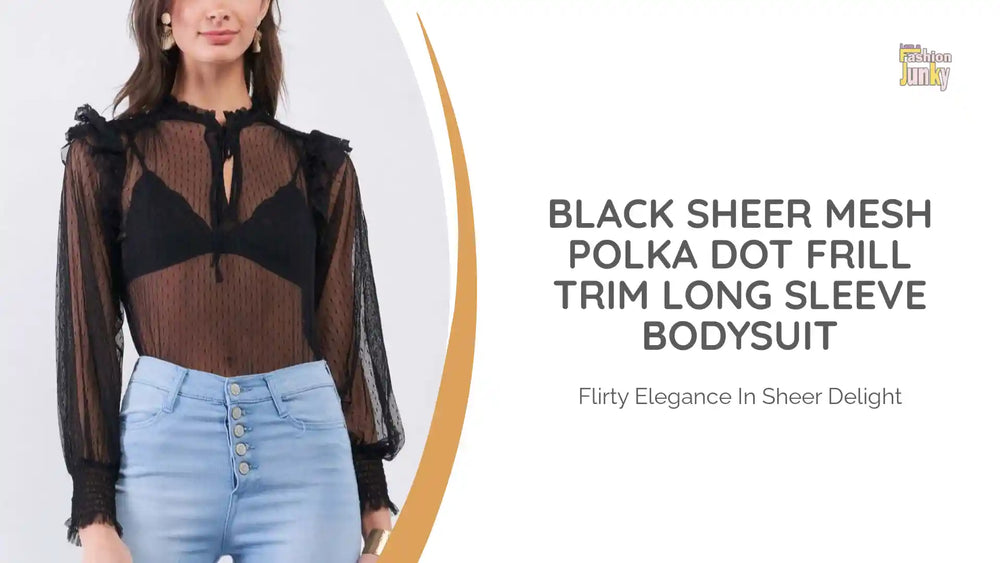 Black Sheer Mesh Polka Dot Frill Trim Long Sleeve Bodysuit by@Outfy