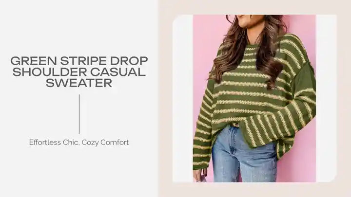 Green Stripe Drop Shoulder Casual Sweater by@Outfy