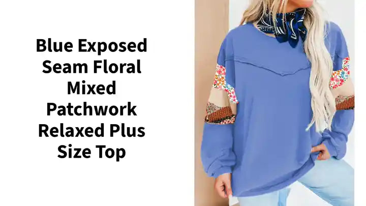 Blue Exposed Seam Floral Mixed Patchwork Relaxed Plus Size Top by@Outfy