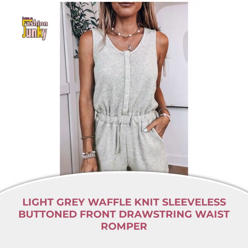 Light Grey Waffle Knit Sleeveless Buttoned Front Drawstring Waist Romper by@Outfy