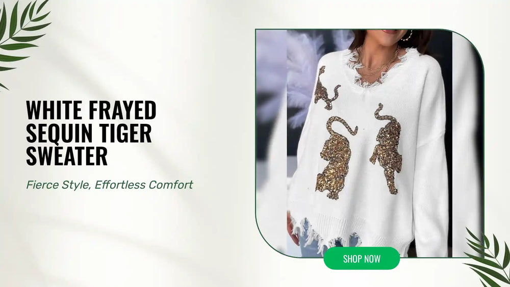 White Frayed Sequin Tiger Sweater by@Outfy