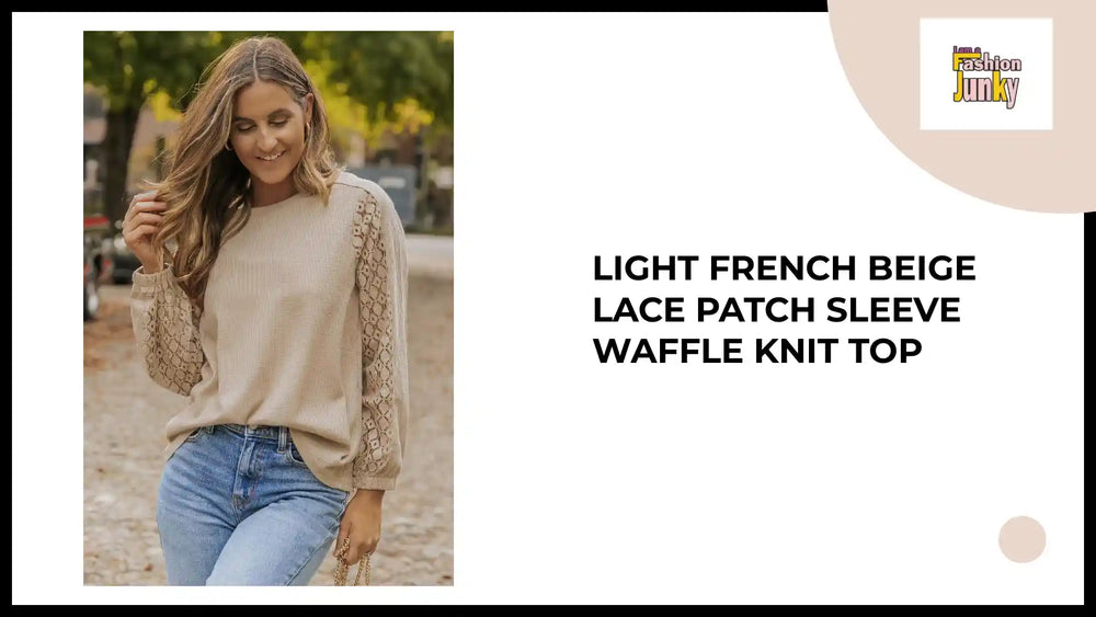 Light French Beige Lace Patch Sleeve Waffle Knit Top by@Outfy