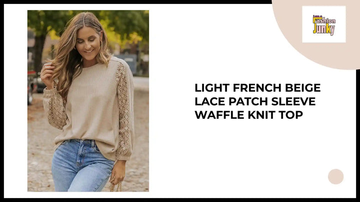 Light French Beige Lace Patch Sleeve Waffle Knit Top by@Outfy