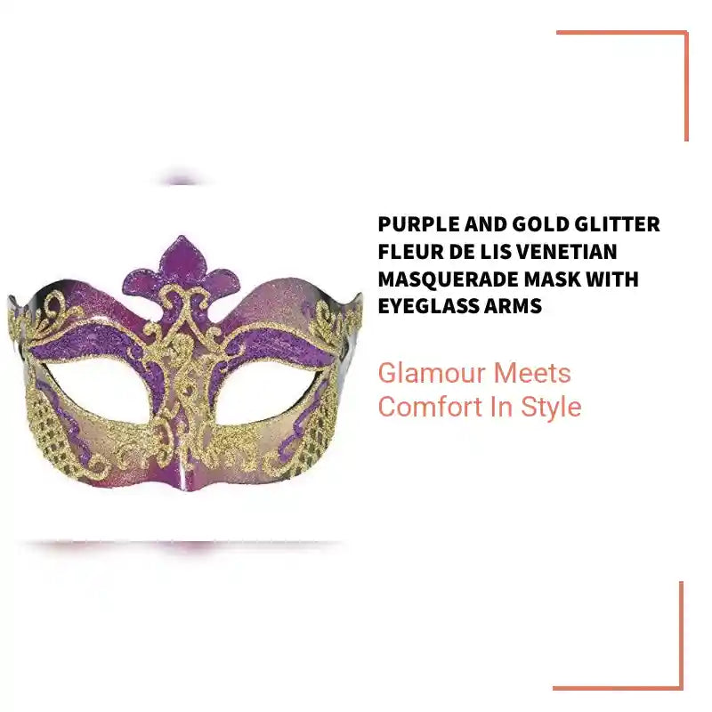 Purple and Gold Glitter Fleur de Lis Venetian Masquerade Mask with Eyeglass Arms by@Outfy