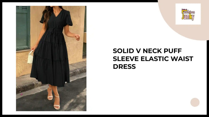 Solid V Neck Puff Sleeve Elastic Waist Dress by@Outfy