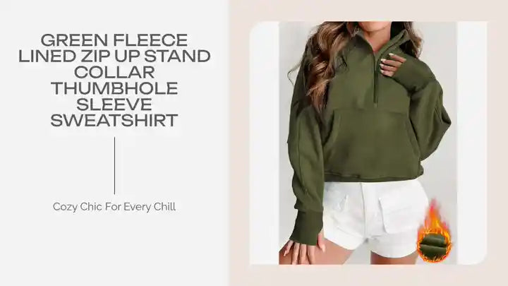 Green Fleece Lined Zip Up Stand Collar Thumbhole Sleeve Sweatshirt by@Outfy