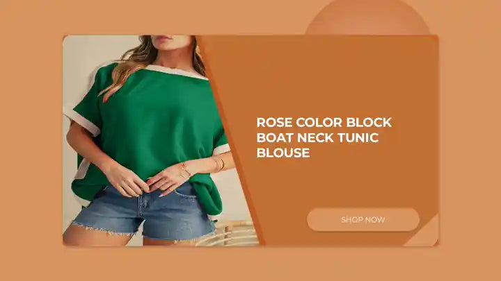 Rose Color Block Boat Neck Tunic Blouse by@Outfy