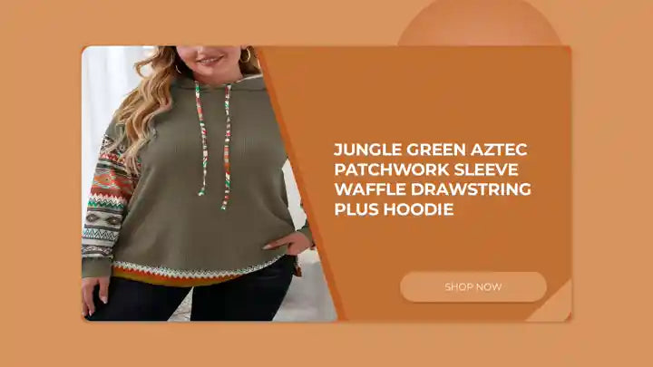 Jungle Green Aztec Patchwork Sleeve Waffle Drawstring Plus Hoodie by@Outfy