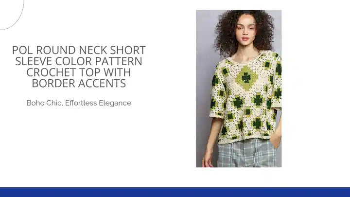 POL Round Neck Short Sleeve Color Pattern Crochet Top with Border Accents by@Outfy