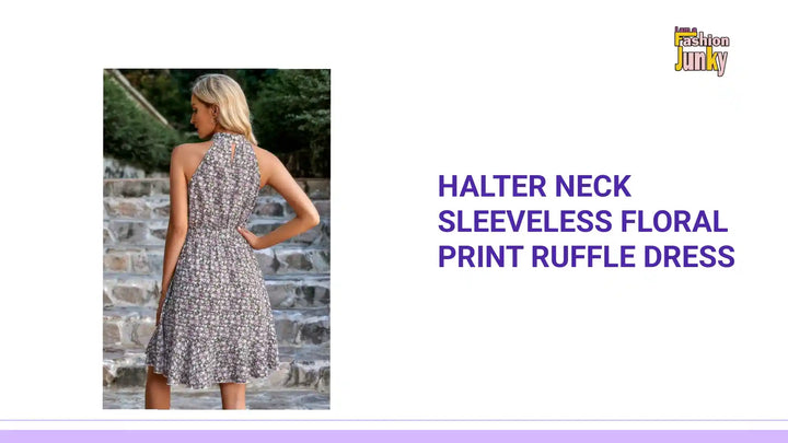 Halter Neck Sleeveless Floral Print Ruffle Dress by@Outfy