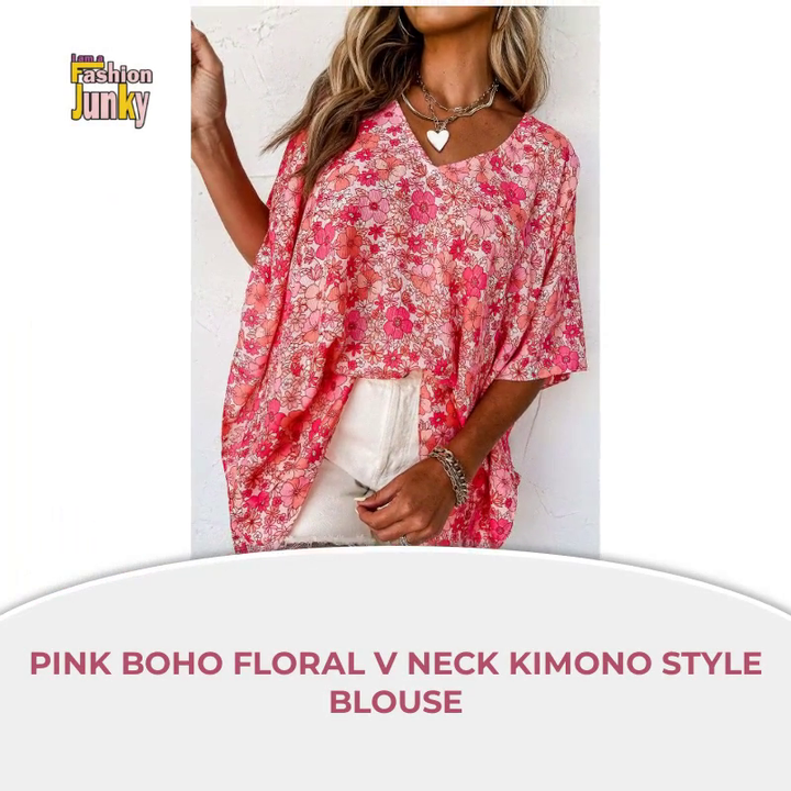 Pink Boho Floral V Neck Kimono Style Blouse by@Outfy