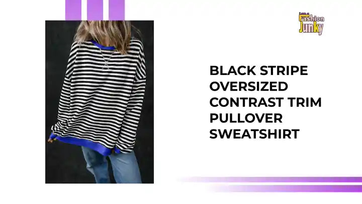 Black Stripe Oversized Contrast Trim Pullover Sweatshirt by@Outfy