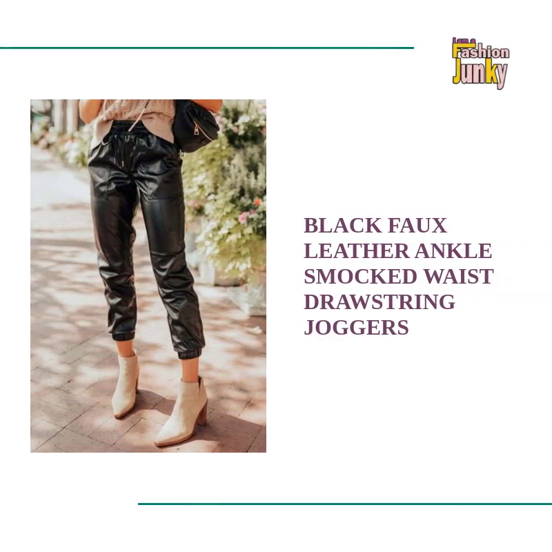 Black Faux Leather Ankle Smocked Waist Drawstring Joggers by@Outfy