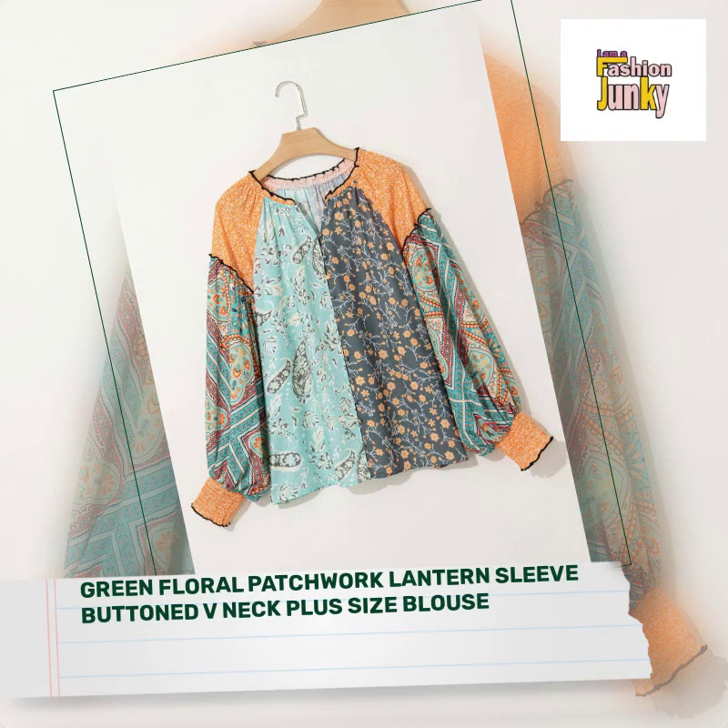 Green Floral Patchwork Lantern Sleeve Buttoned V Neck Plus Size Blouse by@Outfy